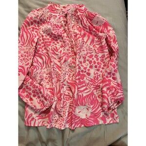 Lilly Pulitzer Blouse Womens Small Pink Floral Get Spotted Lion All Over Print